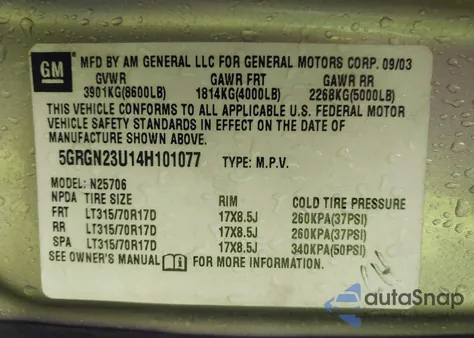 2004 Hummer H2 from USA, damaged, VIN 5GRGN23U14H101077